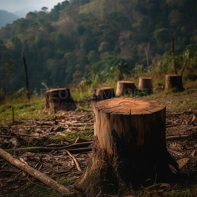 Buy stock photo Closeup wood, tree stump and forest in deforestation, harvest trees and ai generated lumber industry