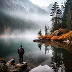 Back, hiker and hiking by forest lake with mist, fog and water for person in ai generated woods