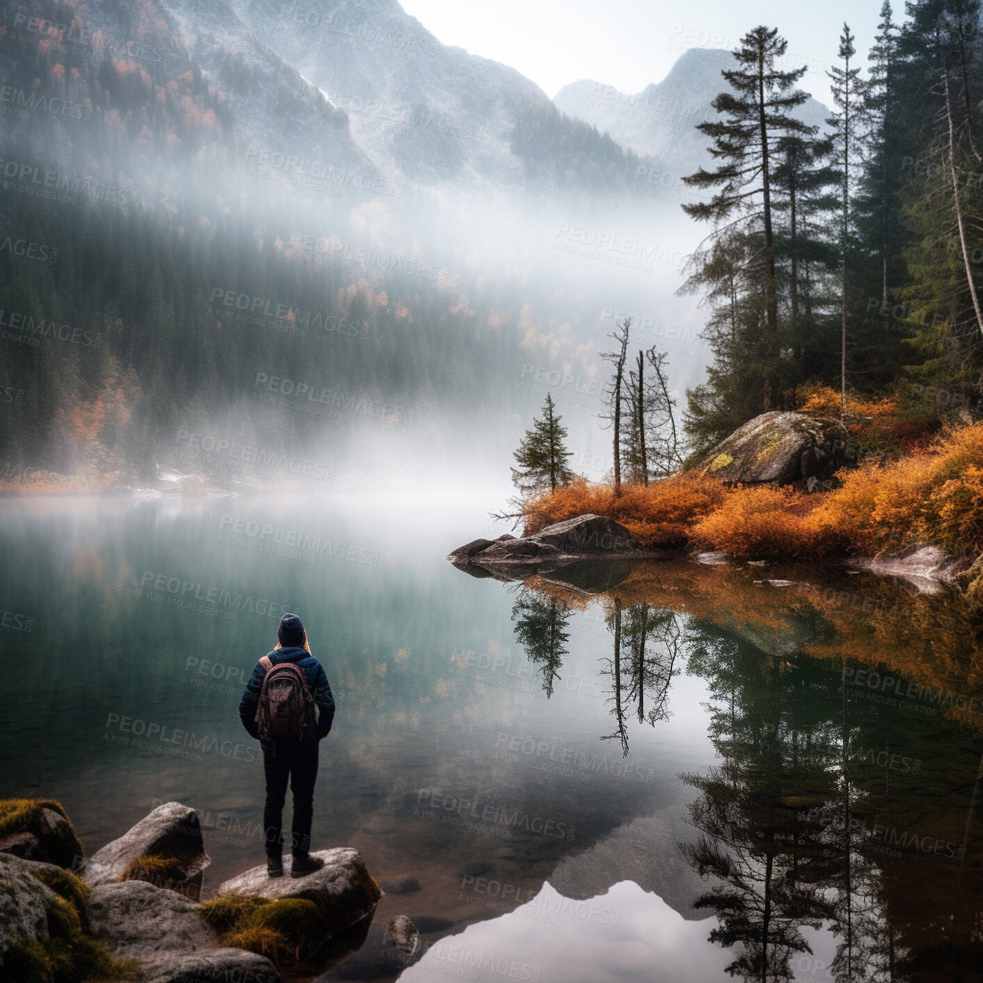 Buy stock photo Back, hiker and hiking by forest lake with mist, fog and water for person in ai generated woods