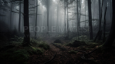 Buy stock photo Forest path, mist and fog in woods, nature and ai generated countryside for hiking adventure