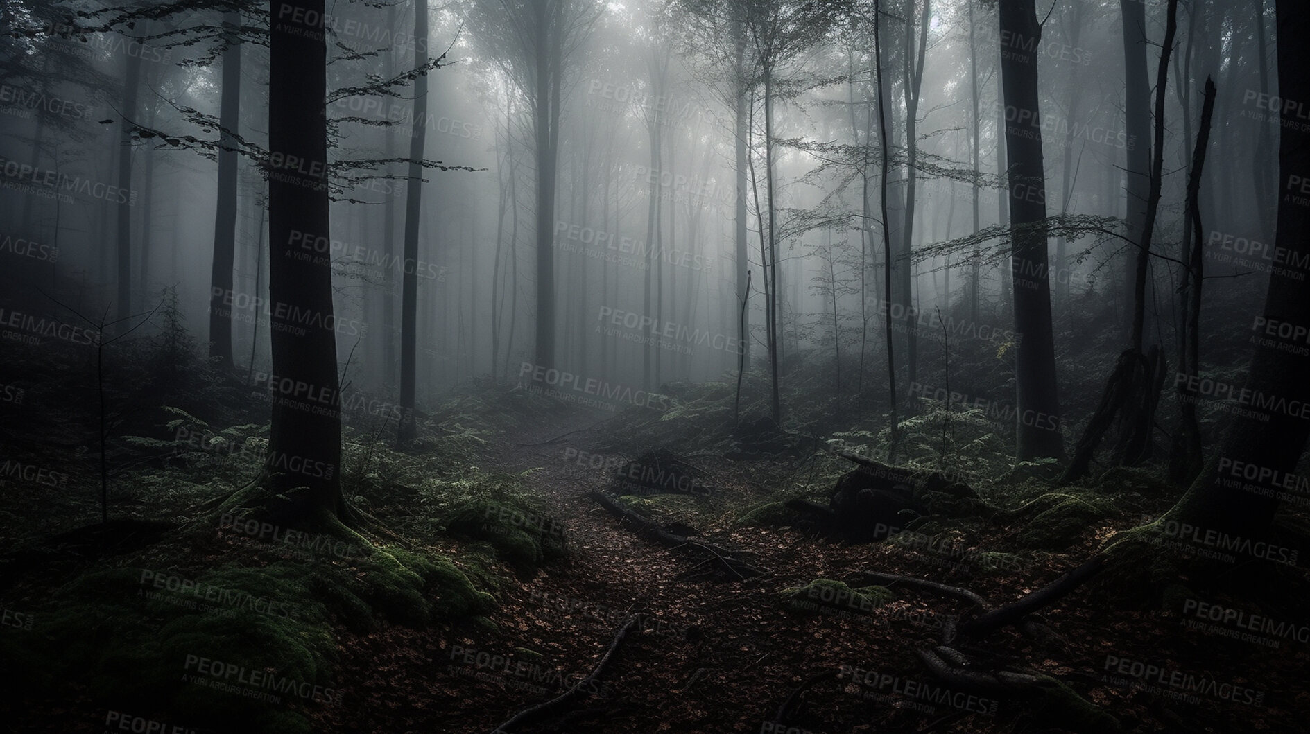 Buy stock photo Forest path, mist and fog in woods, nature and ai generated countryside for hiking adventure