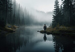 Back, hiker and hiking by forest river with mist, fog and water for person in ai generated woods