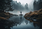 Back, person and hiking by forest river with mist, fog and water in ai generated hiker woods