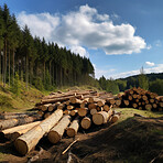 Trees, log and wood pile in forest for deforestation, harvest and ai generated lumber industry