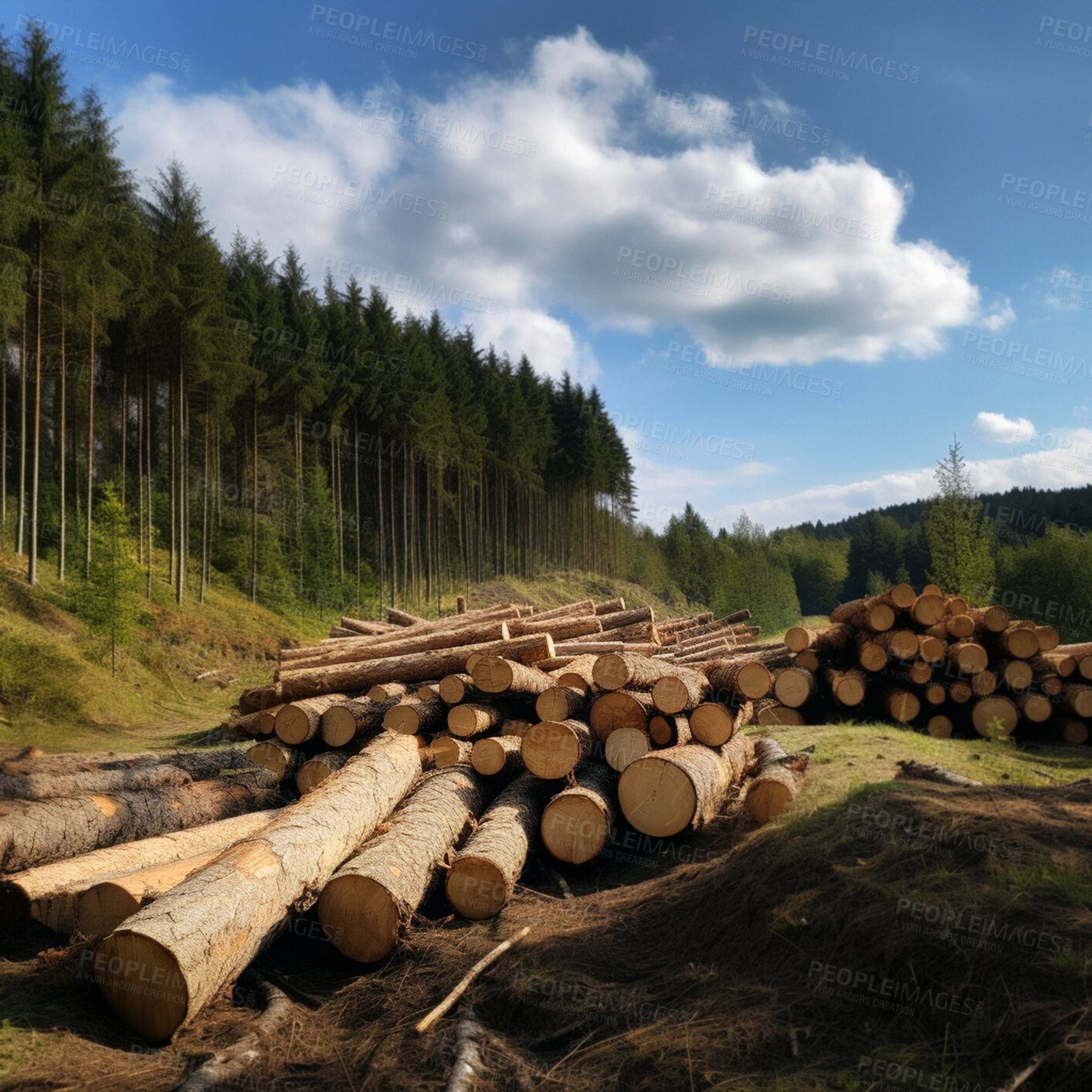 Buy stock photo Trees, log and wood pile in forest for deforestation, harvest and ai generated lumber industry