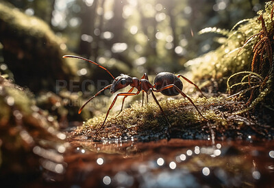 Closeup, ant and bug in nature forest, woods and river for sustainability and ai generated insect