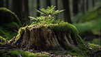 Closeup, forest and tree stump with sapling, growth and sustainability with ai generated plant