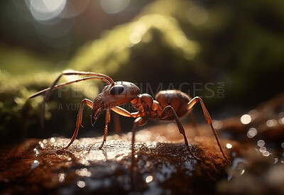 Closeup, ant and insect in nature woods, forest and river for sustainability and ai generated bug