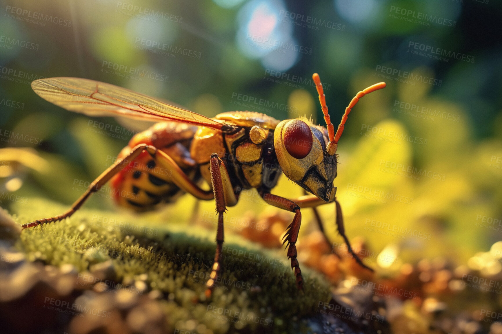 Buy stock photo Closeup, wasp and flying bug in nature woods for wild forest, sustainability and ai generated insect