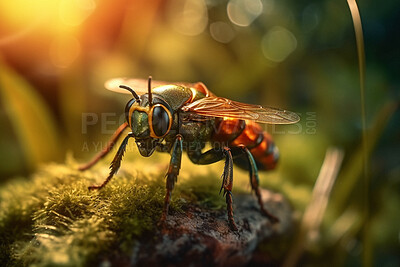 Closeup, wasp and flying bug in nature forest woods for wild, sustainability and ai generated insect