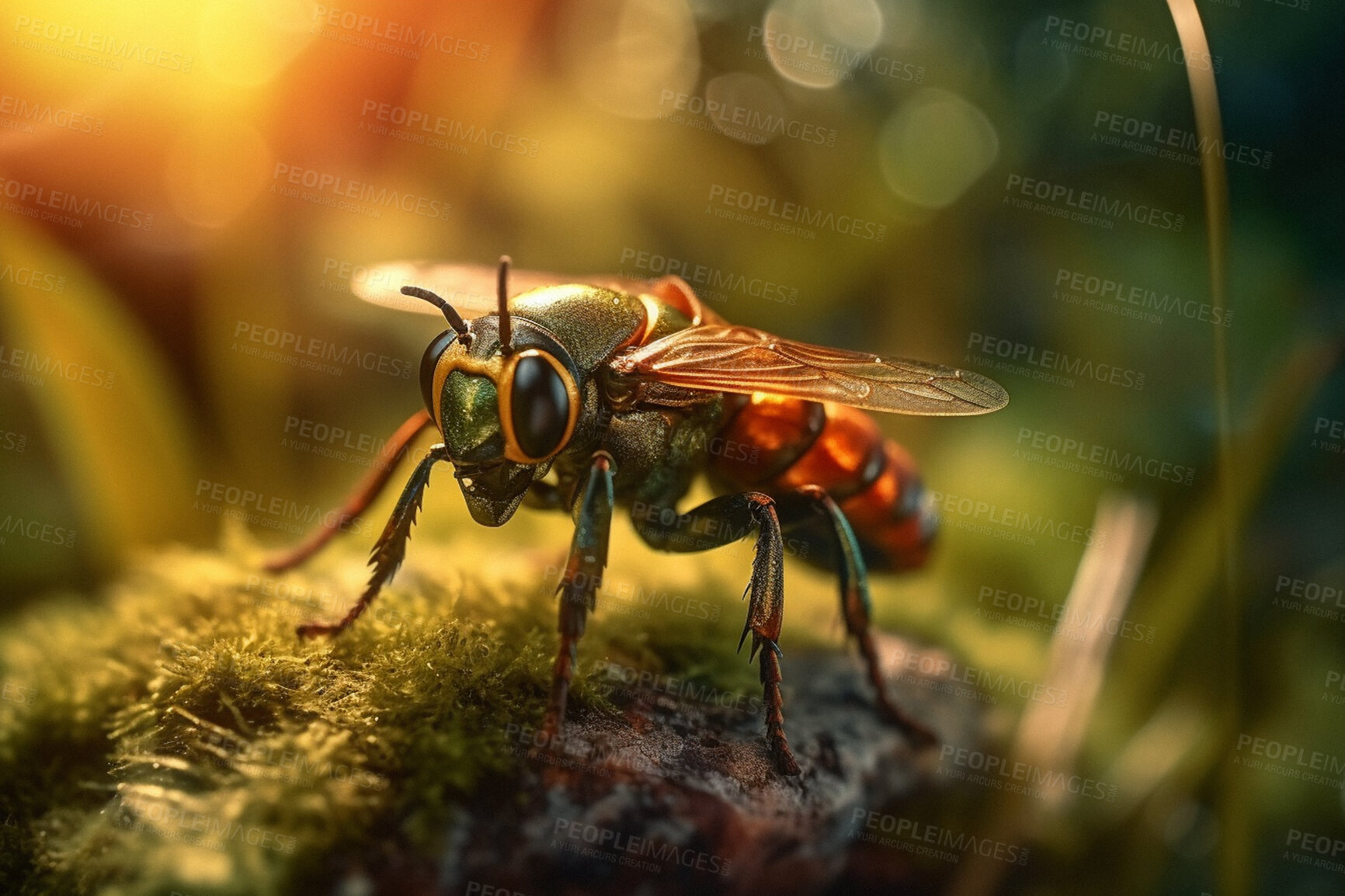 Buy stock photo Closeup, wasp and flying bug in nature forest woods for wild, sustainability and ai generated insect