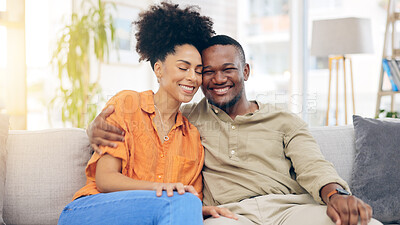 Buy stock photo Happiness, love and couple hug, relax and bonding together on lounge couch with partner care, support and trust. Smile, home wellness and black man, woman or marriage people hugging in South Africa