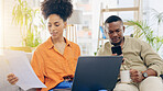 Black couple, laptop and documents for finance, mortgage or expenses on living room sofa together at home. Happy African man and woman working on computer with paperwork for payment or bills on couch