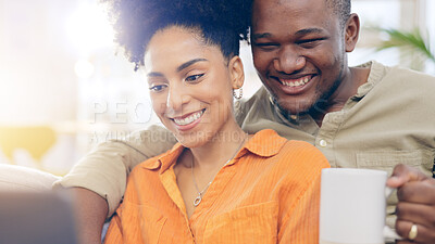 Buy stock photo Laptop, couple and laughing on sofa with coffee for bonding, watching funny comedy movies and relax. Dating, computer and happy black man and woman on streaming subscription, online videos and film