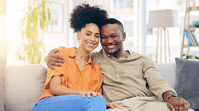 Buy stock photo Portrait, love and happy couple hug, relax and bonding together on living room sofa with care, support and trust. Happiness, home and black man, woman or marriage people romance, smile and embrace