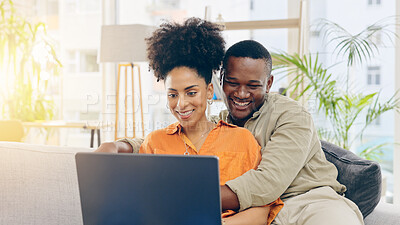 Buy stock photo Laptop, happy and couple on sofa for relax, bonding and watching comedy movies at home. Dating, computer and African man and woman on streaming subscription, online videos and film in living room