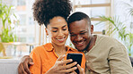 Phone, couple and laughing in home living room, bonding and streaming funny comedy. Interracial, cellphone and happy man and woman on social media, online browsing or web scrolling for comic meme.