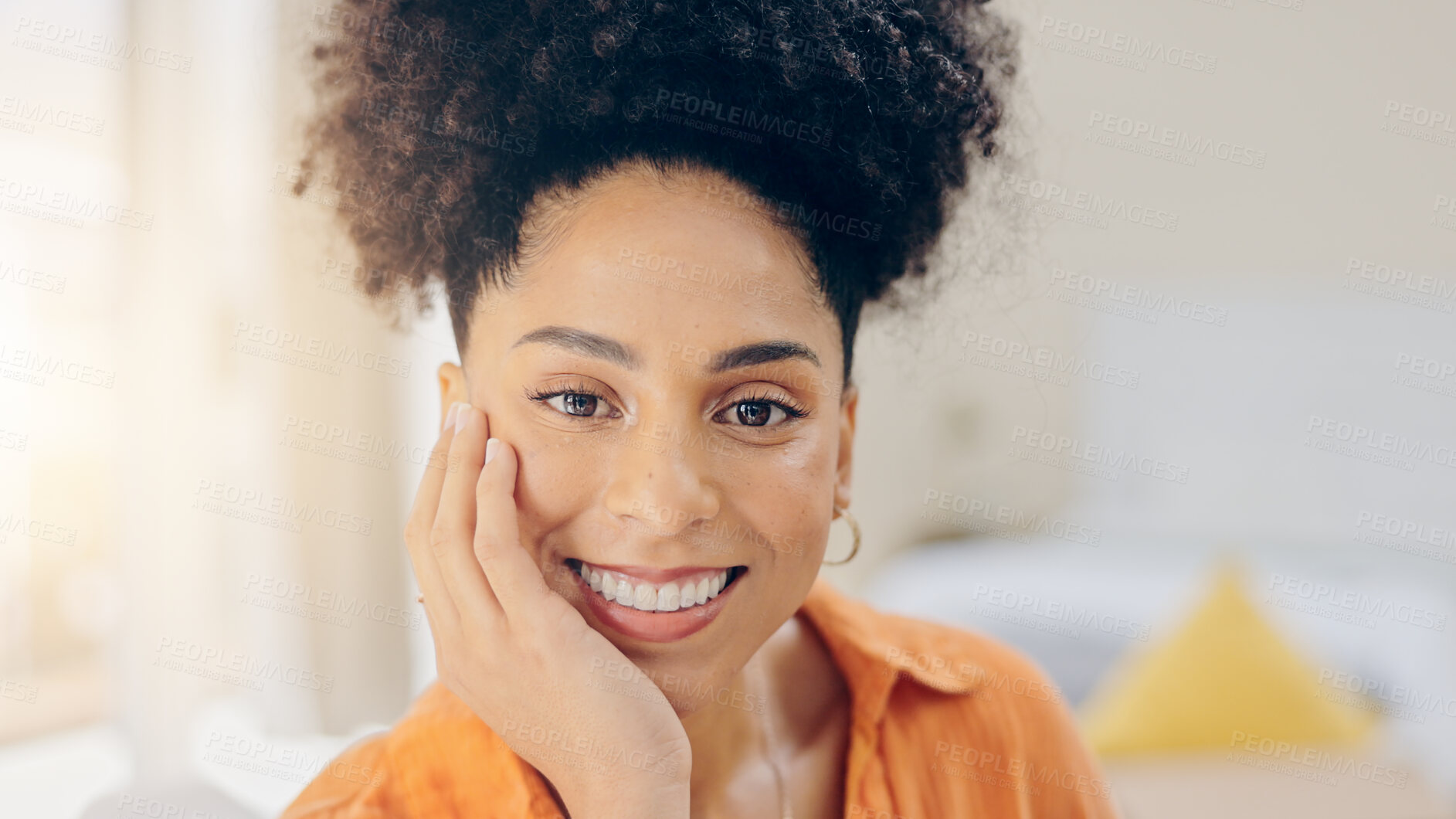 Buy stock photo Portrait, happy woman and relaxed with smile in home for break on sofa in living room. African person, freelancer and idea with carefree, expression and face for wellness, health or peace in space