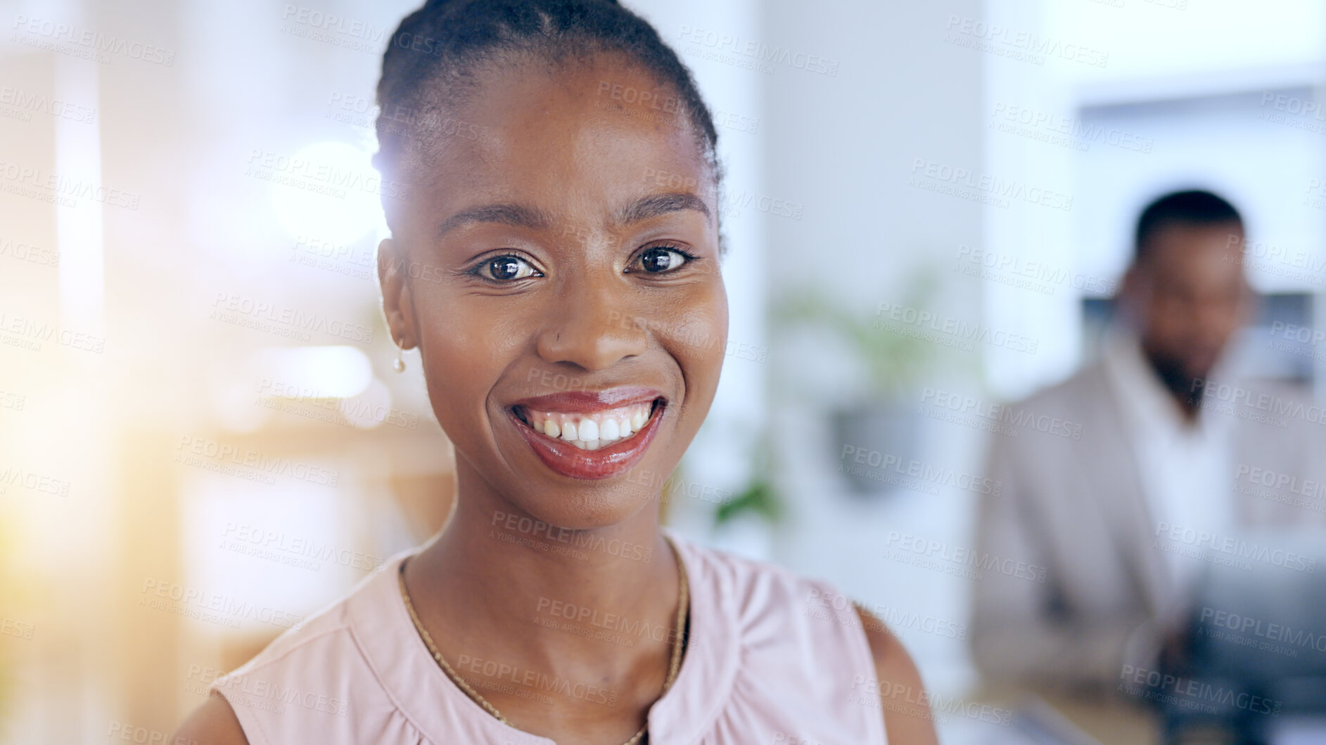 Buy stock photo Portrait, smile and a business black woman in her office closeup for future growth or ambition. Face, flare and a happy young employee at a corporate workplace for marketing in a design agency
