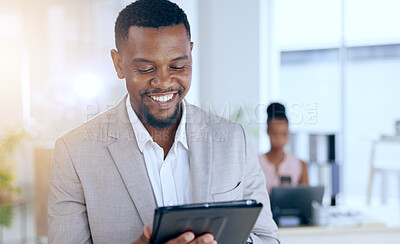 Buy stock photo Business, smile and black man with a tablet, internet and network with website information, lens flare and online reading. African person, consultant and employee with tech, connection and research