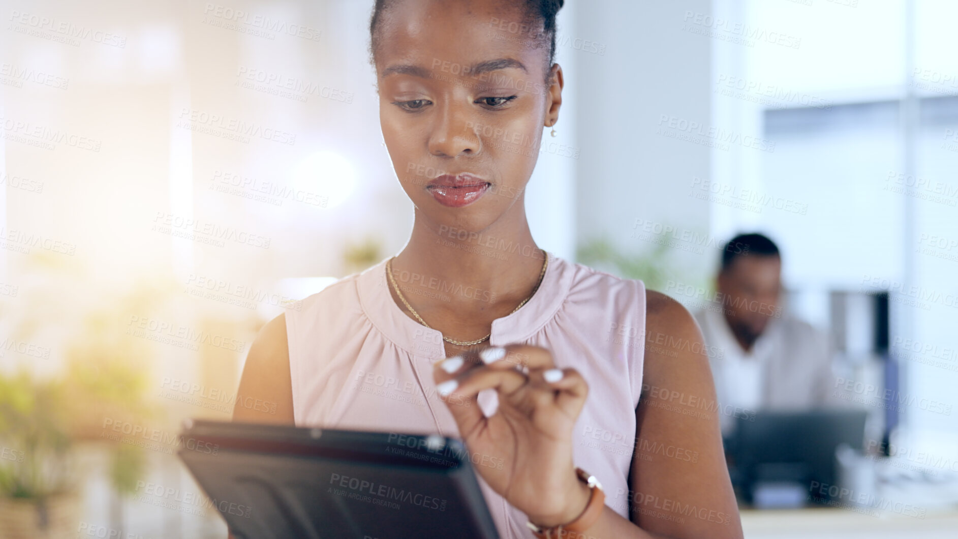 Buy stock photo Business, typing and black woman with a tablet, internet and network with connection, website information and email. African person, consultant and employee with technology, lens flare and research