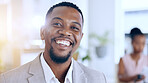 African business man, face and smile in office with confidence, motivation and happiness at startup. Ceo, black businessman and happy in portrait at corporate workplace for entrepreneurship vision