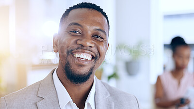 Buy stock photo Businessman, portrait and black man with smile in office for career, startup or confident mindset at work. Ceo, face and professional with happiness at corporate workplace for entrepreneurship vision