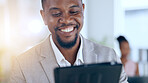 Happy, typing and a black man with a tablet for business, communication and networking at work. Smile, laughing and an African employee reading search results, information or browsing on technology