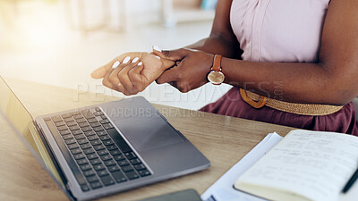 Buy stock photo Hands, laptop and wrist pain with a business person in an office closeup to schedule an appointment. Arthritis, carpal tunnel and inflammation with an employee working on a computer for design