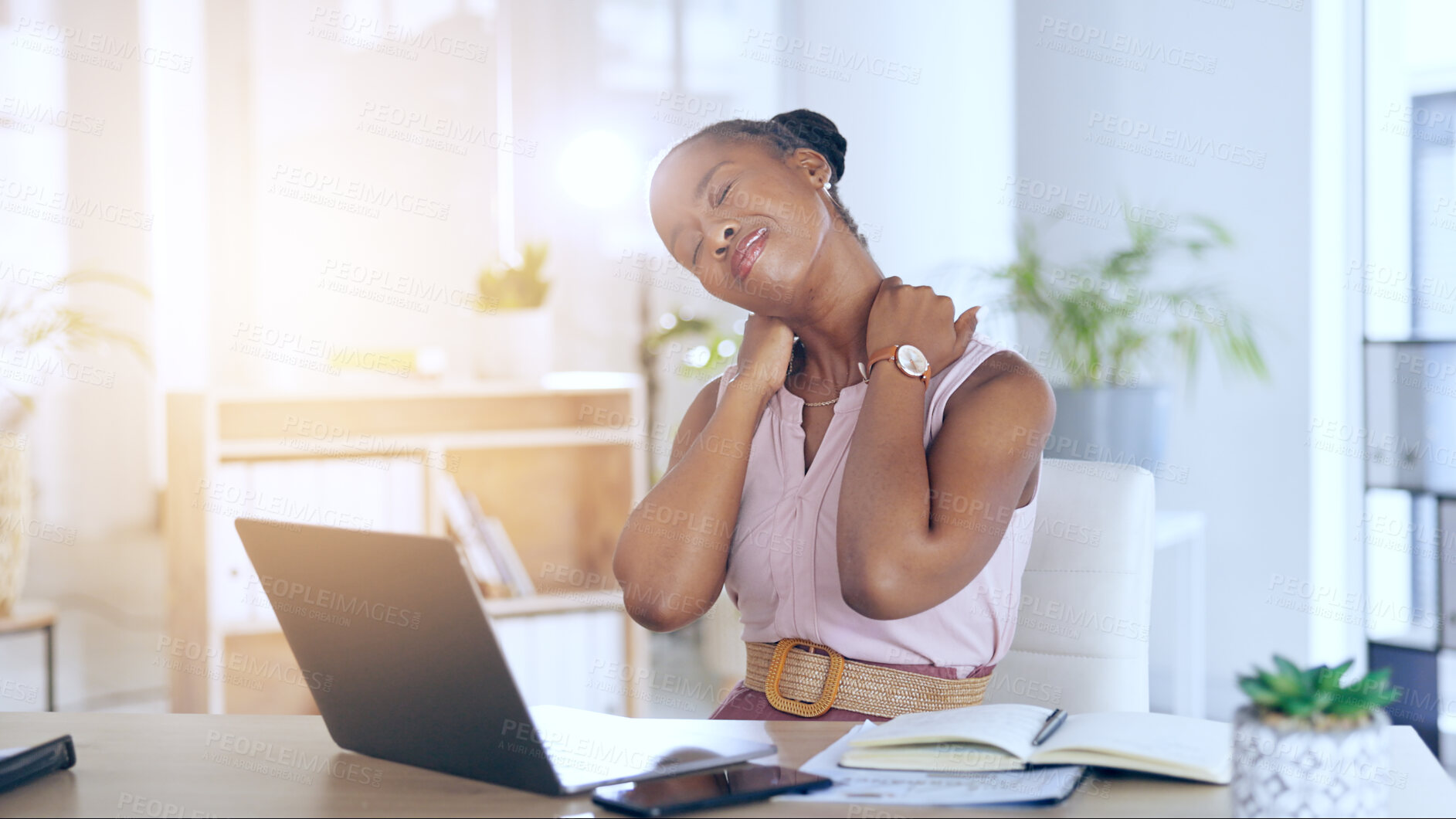 Buy stock photo Business woman, neck pain and laptop with stress for human resources career, planning online and office research. African employee with fatigue, muscle pain and tired for deadline on her computer