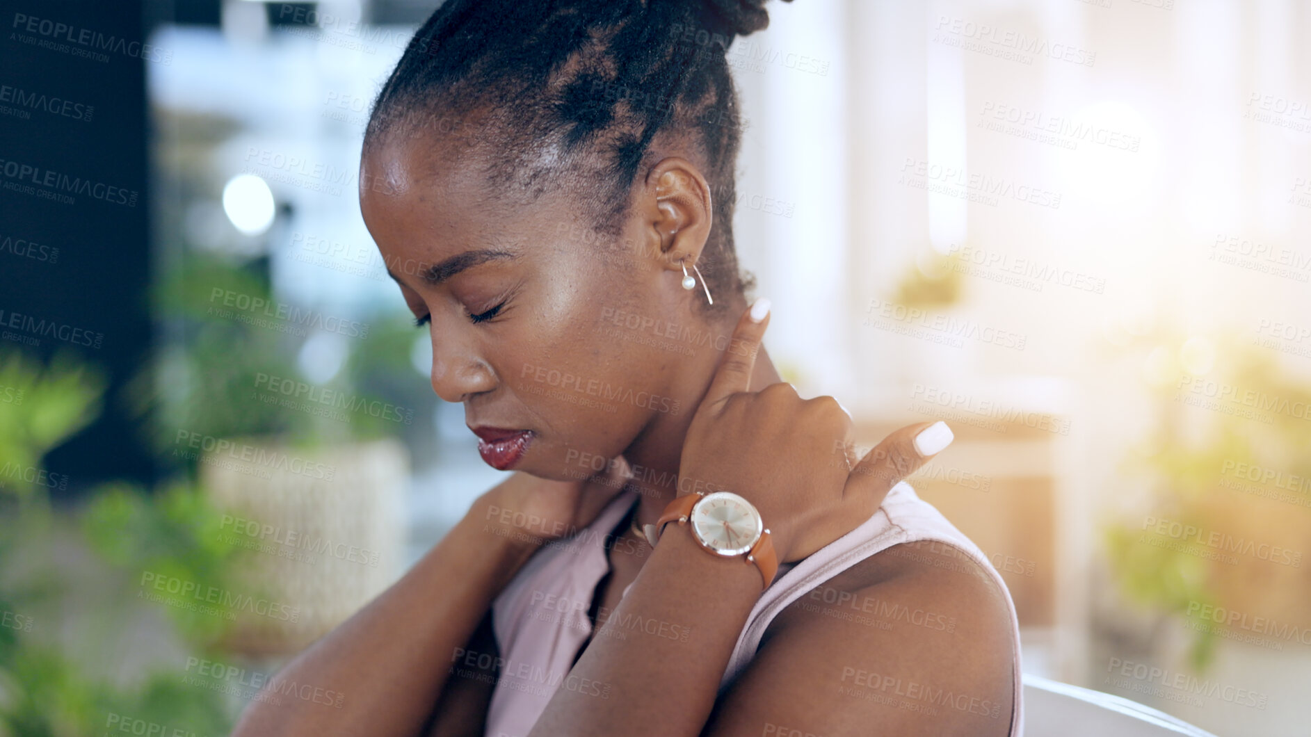 Buy stock photo Neck pain, massage and black woman in office with stress, burnout and problem in muscle. Spine, posture and corporate employee with anxiety, backache or body fatigue from tired, injury and arthritis