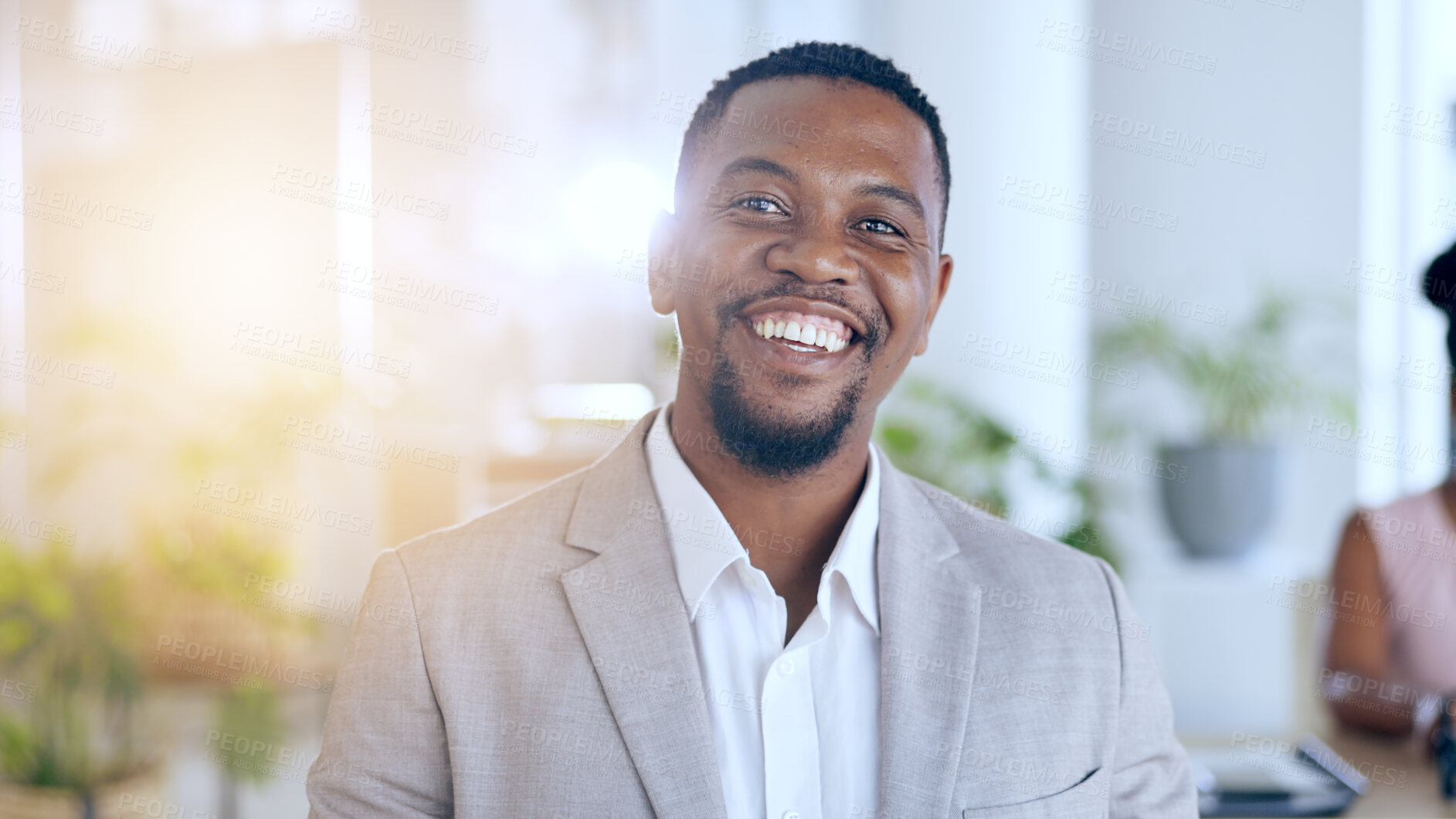 Buy stock photo Business, portrait and black man with smile in office for career, startup or confident mindset at work. Ceo, face and businessman with happiness at corporate workplace for entrepreneurship vision