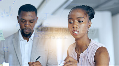Buy stock photo Collaboration, planning and black business people in the office for sticky note or problem solving together. Teamwork, writing and pen with an employee team brainstorming a game plan in the workplace
