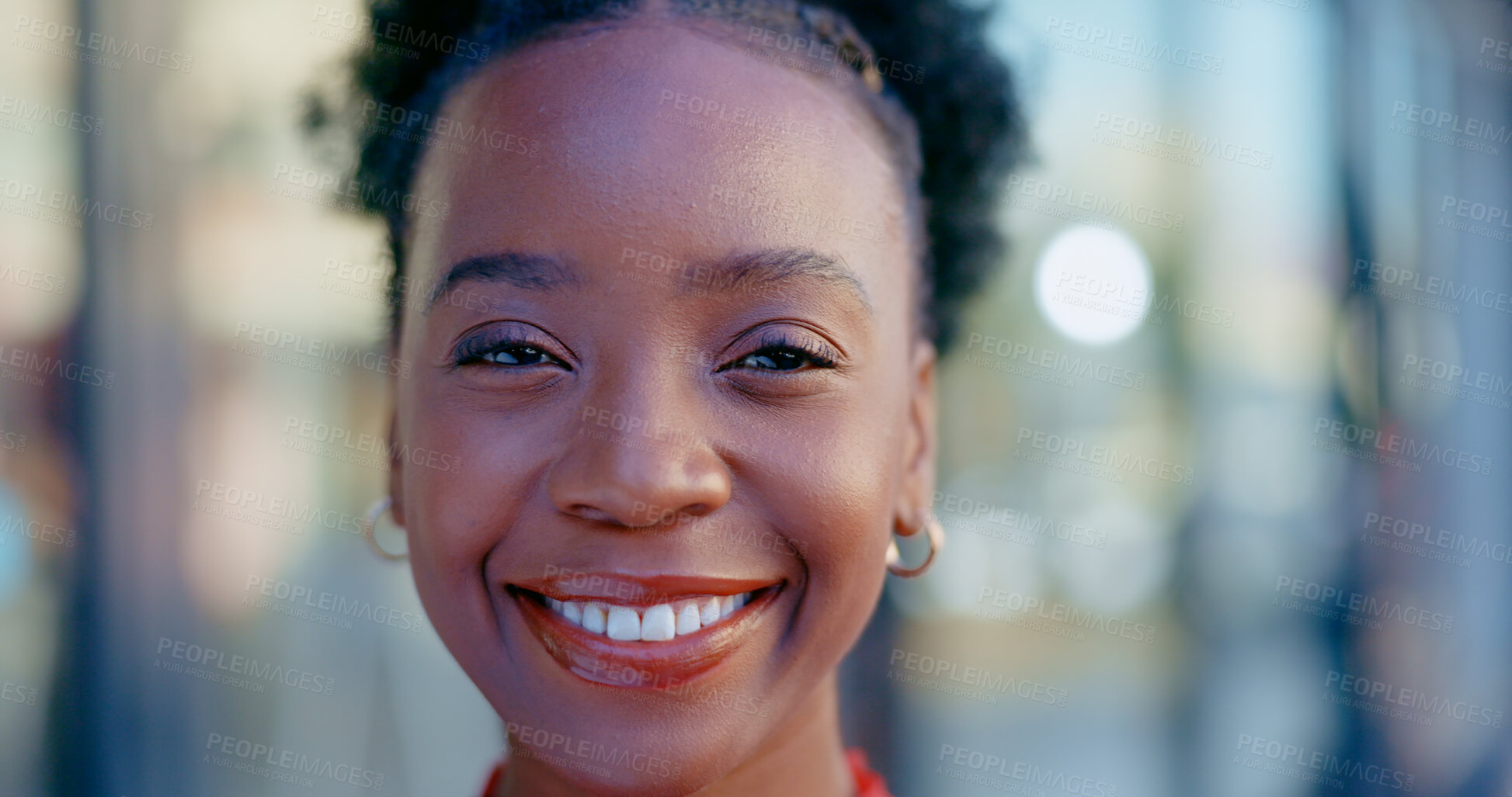 Buy stock photo Happy, consultant and face of black woman in city for travel, commute or relax outdoor on work break in Nigeria. African, smile or portrait of employee with happiness at office building in morning