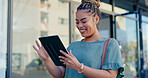 Tablet, happy and city woman scroll web, app or online internet search for research, news report or social media feedback. Urban work commute, UI tech user and person browsing website on street road