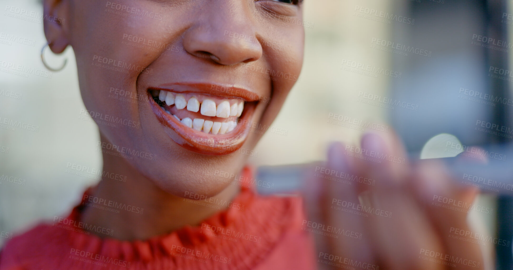 Buy stock photo Closeup, woman and mouth with phone for conversation, communication or call with friend. Female person, employee or worker in business with mobile, hand and hold to discuss, meeting and time of event