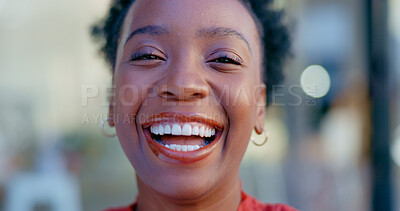 Buy stock photo Portrait, laugh and a business black woman in city for a professional commute while feeling funny. Face, happy and urban young employee outdoor in a town in Nigeria for a joke while traveling