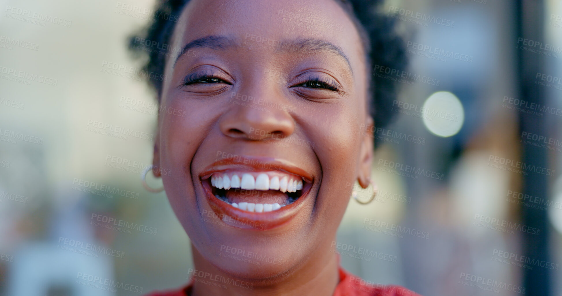 Buy stock photo Portrait, laugh and a business black woman in city for a professional commute while feeling funny. Face, happy and urban young employee outdoor in a town in Nigeria for a joke while traveling