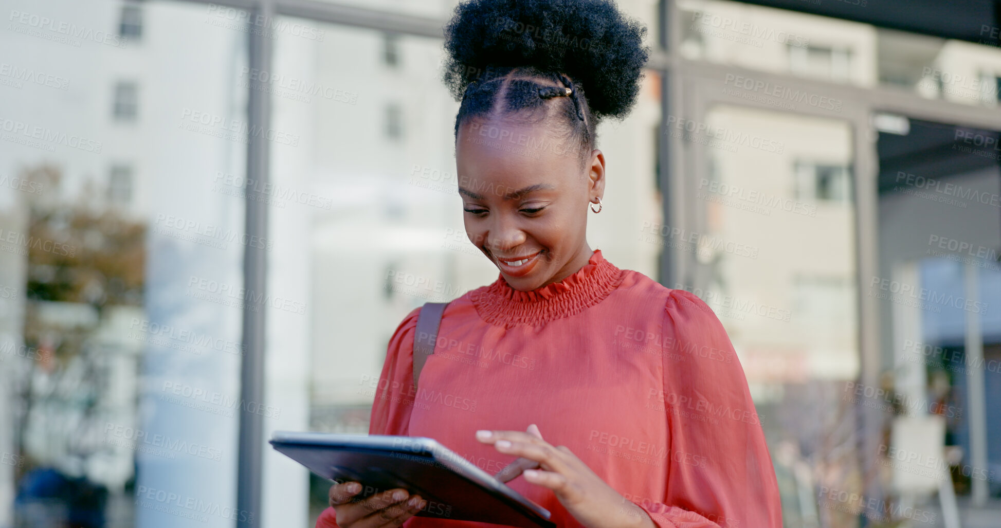 Buy stock photo Businesswoman, research and tablet to read in city by scrolling for news, document or social media. African person, boss or manager with technology for digital marketing, consulting or website by web