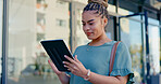 Tablet, happy and city woman scroll web, app or online internet search for research, news report or social media feedback. Urban work commute, UI tech user and person browsing website on street road