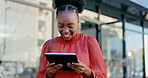 Tablet, city and happy black woman scroll web, app or online internet search for research, news report or social media feedback. Reading funny meme, UI tech and person browsing website on street road