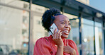 Phone call, surprise and excited black woman celebrate for good news, achievement or winning worldwide competition. Wow, winner celebration abd urban city person happy for success, bonus or 5g reward