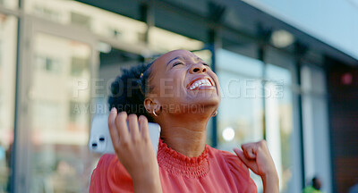 Buy stock photo Phone, city and black woman celebrate good news, achievement or excited for opportunity success announcement. Wow, promotion and professional employee or person with winning notification app