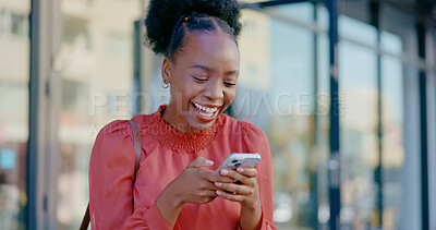 Buy stock photo Black woman, phone meme or typing in city on social media post, communication or texting outdoors. News, online chat or happy African entrepreneur on mobile app or web for networking in urban town