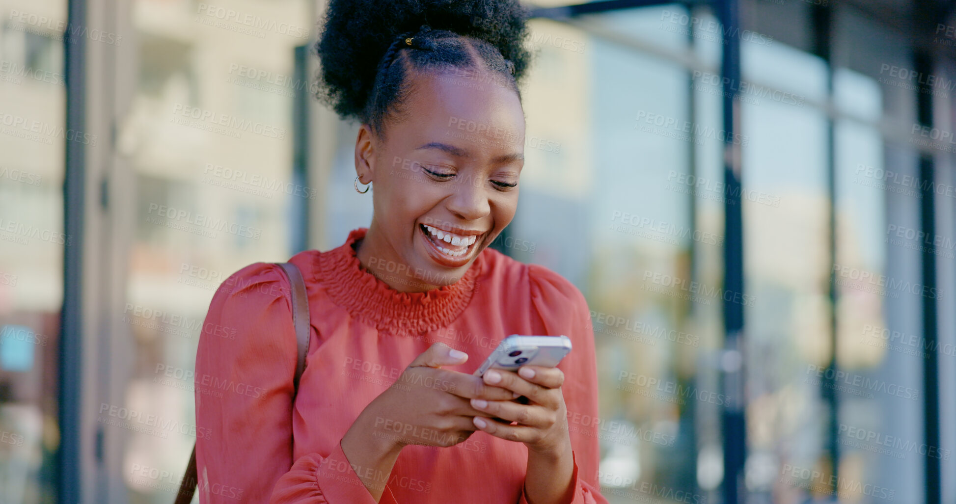 Buy stock photo Black woman, phone meme or typing in city on social media post, communication or texting outdoors. News, online chat or happy African entrepreneur on mobile app or web for networking in urban town