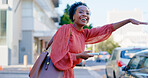 Black woman, phone and taxi in the city for travel, lift or waiting and waving for transportation. African American female on sidewalk, street or road for transport or ride service in urban town