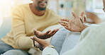 Black couple, hands and argument on sofa in disagreement, conflict or divorce in living room at home. Hand of angry African American man and woman in fight, breakup or disagree and arguing on couch