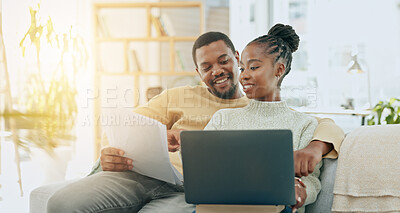 Buy stock photo Black couple, laptop or documents for budget mortgage, expenses or schedule payments at home. African man, planning or woman reading bills, paperwork or finance info on living room sofa for taxes