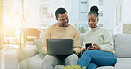 Black couple laugh, tech and home of happy young people looking at funny meme while internet banking. Happiness, smile and digital investing plan of a woman and man together on a living room sofa