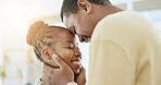 Black couple, forehead and smile for love, affection or romance together in happy relationship at home. African American man and woman touching heads laughing and smiling for loving embrace indoors